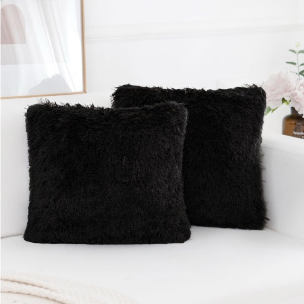 Set of Two Black Furry Throw Pillows
